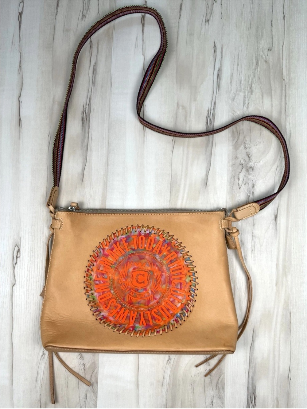 Consuela Tan Leather Crossbody with Orange Multicolor Medallion